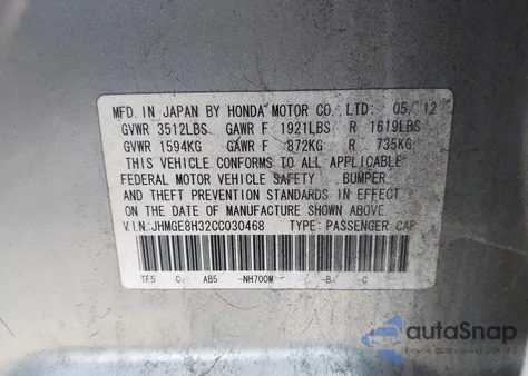2012 Honda Fit z USA, uszkodzony, nr VIN JHMGE8H32CC030468